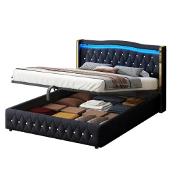 Lit 140x200 cm avec rangement hydraulique, tête capitonnée en velours noir, éclairage LED et pieds larges><noscript><img width=
