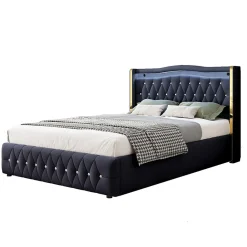 Lit 140x200 cm avec rangement hydraulique, tête capitonnée en velours noir, éclairage LED et pieds larges><noscript><img width=