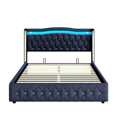 Lit 140x200 cm avec rangement hydraulique, tête capitonnée en velours noir, éclairage LED et pieds larges><noscript><img width=