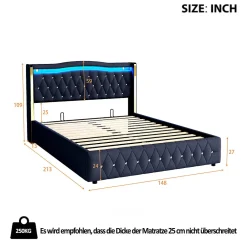 Lit 140x200 cm avec rangement hydraulique, tête capitonnée en velours noir, éclairage LED et pieds larges><noscript><img width=