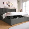 Redom Lit 160x200 cm avec rangement hydraulique, tête de lit tapissée en lin gris et structure robuste* Lit Avec Rangement