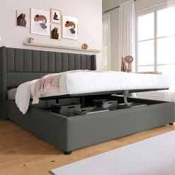 Redom Lit 160x200 cm avec rangement hydraulique, tête de lit tapissée en lin gris et structure robuste* Lit Avec Rangement