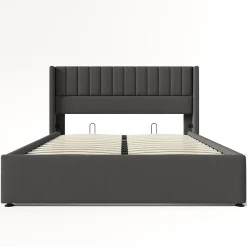 Redom Lit 160x200 cm avec rangement hydraulique, tête de lit tapissée en lin gris et structure robuste* Lit Avec Rangement
