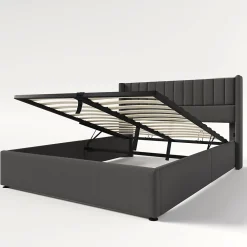 Redom Lit 160x200 cm avec rangement hydraulique, tête de lit tapissée en lin gris et structure robuste* Lit Avec Rangement