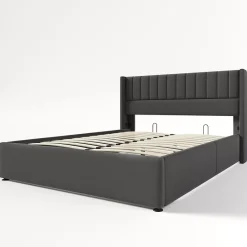 Redom Lit 160x200 cm avec rangement hydraulique, tête de lit tapissée en lin gris et structure robuste* Lit Avec Rangement