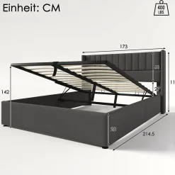 Redom Lit 160x200 cm avec rangement hydraulique, tête de lit tapissée en lin gris et structure robuste* Lit Avec Rangement