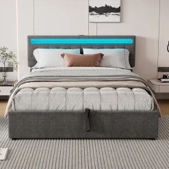 Lit 160x200 cm avec rangement hydraulique et éclairage LED multicolore, revêtement lin gris moderne>Redom Outlet