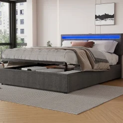 Lit 160x200 cm avec rangement hydraulique et éclairage LED multicolore, revêtement lin gris moderne><noscript><img width=