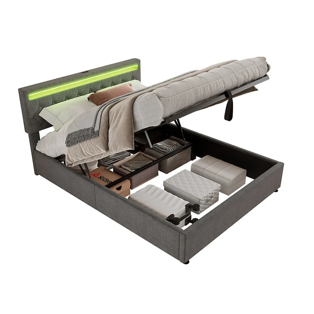 Lit 160x200 cm avec rangement hydraulique et éclairage LED multicolore, revêtement lin gris moderne>Redom Outlet