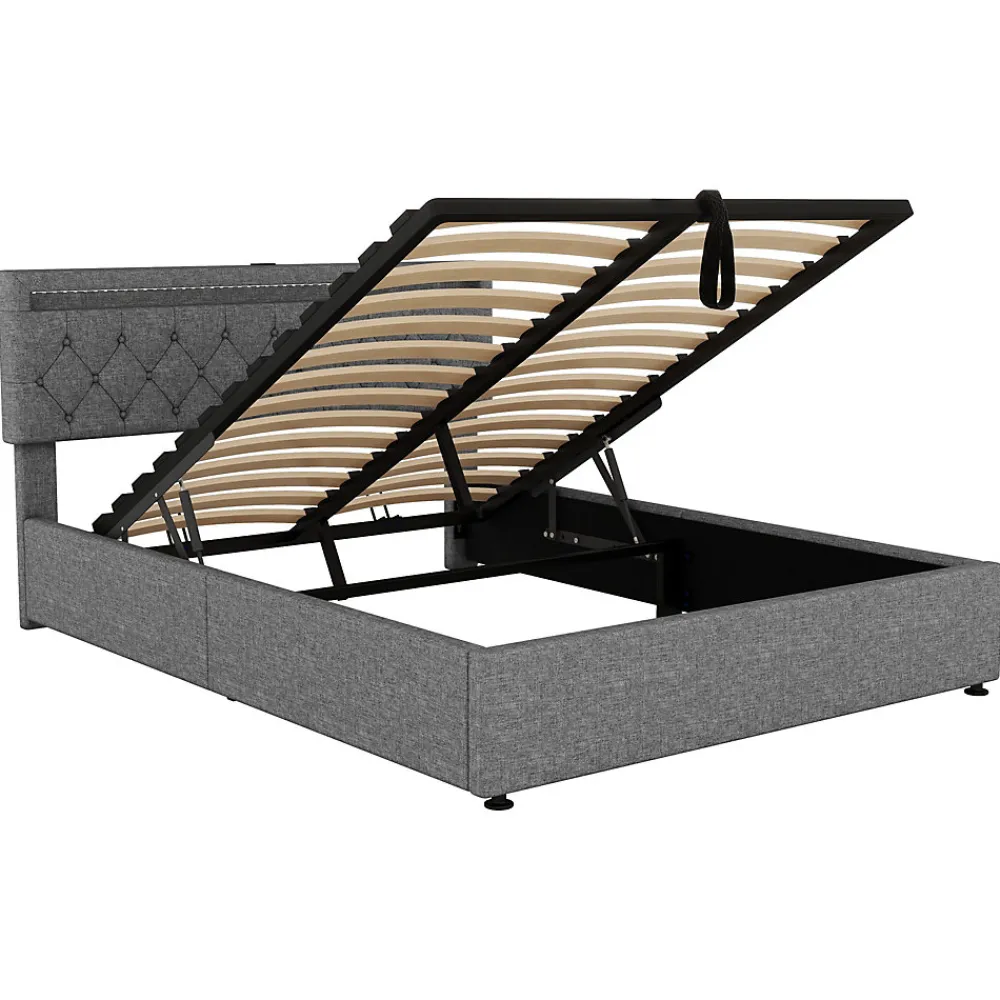 Lit 160x200 cm avec rangement hydraulique et éclairage LED multicolore, revêtement lin gris moderne>Redom Outlet