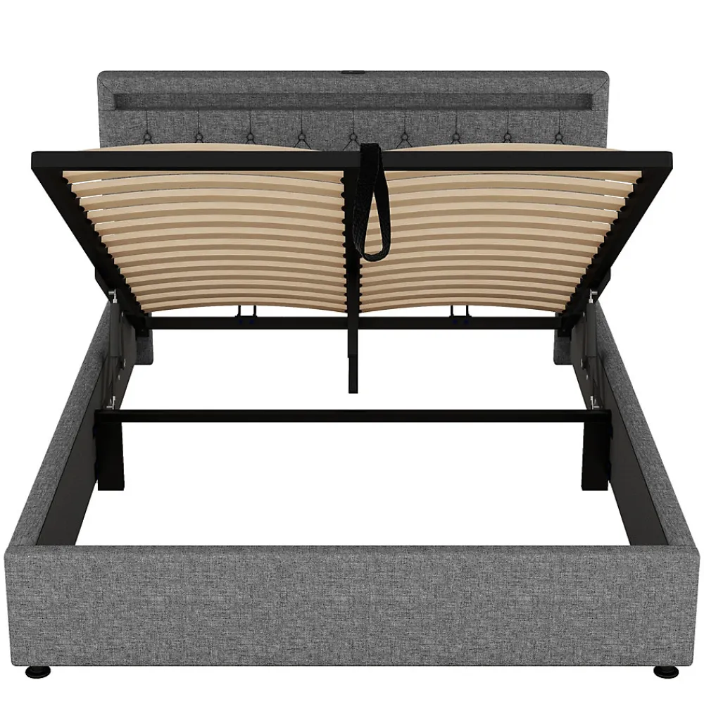 Lit 160x200 cm avec rangement hydraulique et éclairage LED multicolore, revêtement lin gris moderne>Redom Outlet