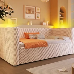Redom Lit 90x200 cm avec rangement hydraulique et éclairage LED multicolore, velours beige, style minimaliste* Lit Avec Rangement