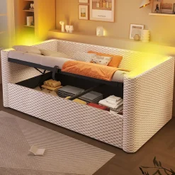 Redom Lit 90x200 cm avec rangement hydraulique et éclairage LED multicolore, velours beige, style minimaliste* Lit Avec Rangement