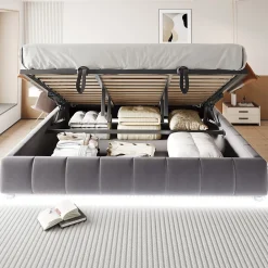Lit 180x200 cm avec rangement hydraulique et bande LED blanche intégrée, tapissé flanelle gris, cadre métal robuste>Redom Outlet
