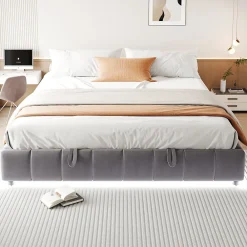 Lit 180x200 cm avec rangement hydraulique et bande LED blanche intégrée, tapissé flanelle gris, cadre métal robuste>Redom Outlet