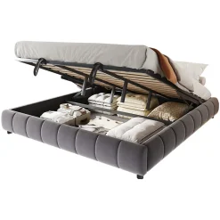 Lit 180x200 cm avec rangement hydraulique et bande LED blanche intégrée, tapissé flanelle gris, cadre métal robuste><noscript><img width=