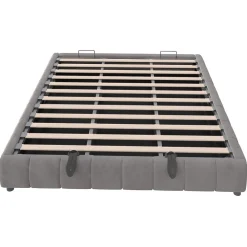 Lit 180x200 cm avec rangement hydraulique et bande LED blanche intégrée, tapissé flanelle gris, cadre métal robuste><noscript><img width=