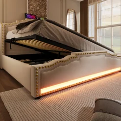 Lit 140x200 cm avec rangement hydraulique, éclairage LED multicolore et tête de lit tapissée en velours beige>Redom Online