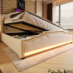 Lit 140x200 cm avec rangement hydraulique, éclairage LED multicolore et tête de lit tapissée en velours beige><noscript><img width=