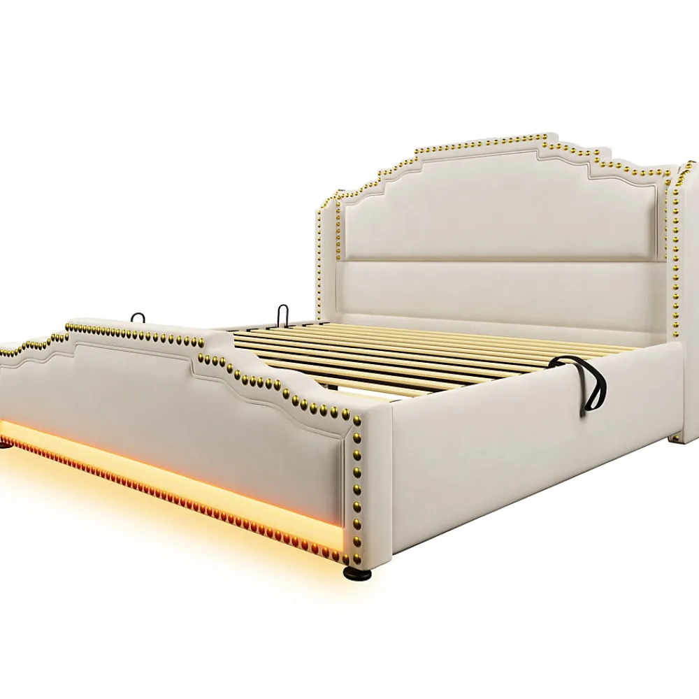 Lit 140x200 cm avec rangement hydraulique, éclairage LED multicolore et tête de lit tapissée en velours beige>Redom Online