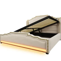 Lit 140x200 cm avec rangement hydraulique, éclairage LED multicolore et tête de lit tapissée en velours beige><noscript><img width=