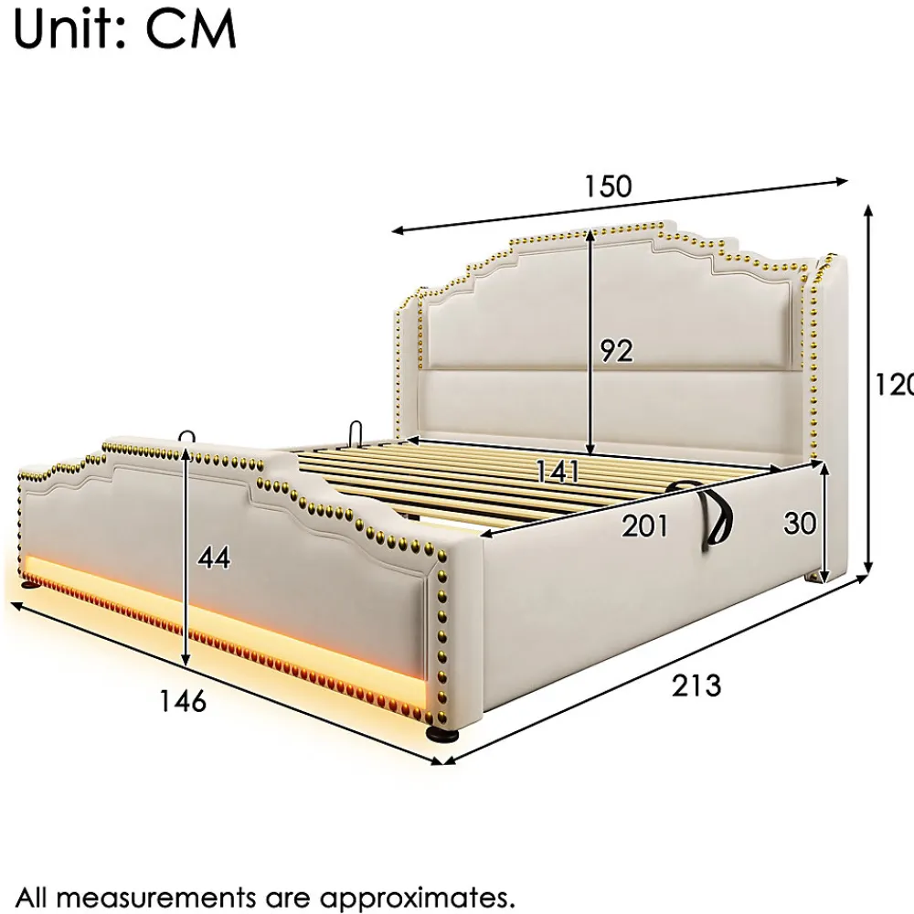 Lit 140x200 cm avec rangement hydraulique, éclairage LED multicolore et tête de lit tapissée en velours beige>Redom Online
