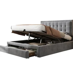 Lit 140x200 cm avec rangement hydraulique et tête de lit réglable, tapissé velours gris, pieds métal><noscript><img width=