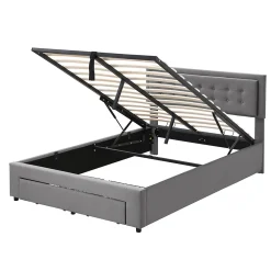 Lit 140x200 cm avec rangement hydraulique et tête de lit réglable, tapissé velours gris, pieds métal><noscript><img width=