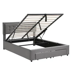 Lit 140x200 cm avec rangement hydraulique et tête de lit réglable, tapissé velours gris, pieds métal><noscript><img width=