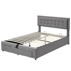 Lit 140x200 cm avec rangement hydraulique et tête de lit réglable, tapissé velours gris, pieds métal><noscript><img width=