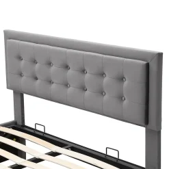 Lit 140x200 cm avec rangement hydraulique et tête de lit réglable, tapissé velours gris, pieds métal><noscript><img width=