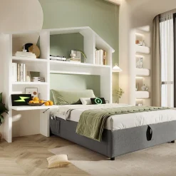 Lit 90x200 cm avec rangement hydraulique, tête de lit étagère en lin gris et ports USB-C, design contemporain>Redom