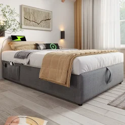Lit 90x200 cm avec rangement hydraulique, tête de lit étagère en lin gris et ports USB-C, design contemporain>Redom
