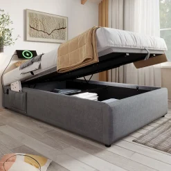 Lit 90x200 cm avec rangement hydraulique, tête de lit étagère en lin gris et ports USB-C, design contemporain><noscript><img width=