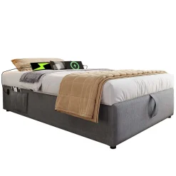 Lit 90x200 cm avec rangement hydraulique, tête de lit étagère en lin gris et ports USB-C, design contemporain><noscript><img width=