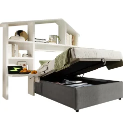 Lit 90x200 cm avec rangement hydraulique, tête de lit étagère en lin gris et ports USB-C, design contemporain><noscript><img width=