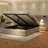 Redom Lit 180x200 cm avec rangement hydraulique, tête rembourrée en lin gris, ports USB et charge sans fil* Lit Avec Rangement