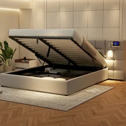 Redom Lit 180x200 cm avec rangement hydraulique, tête rembourrée en lin gris, ports USB et charge sans fil* Lit Avec Rangement