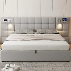 Redom Lit 180x200 cm avec rangement hydraulique, tête rembourrée en lin gris, ports USB et charge sans fil* Lit Avec Rangement