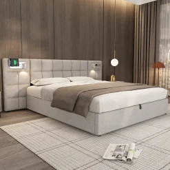 Redom Lit 180x200 cm avec rangement hydraulique, tête rembourrée en lin gris, ports USB et charge sans fil* Lit Avec Rangement