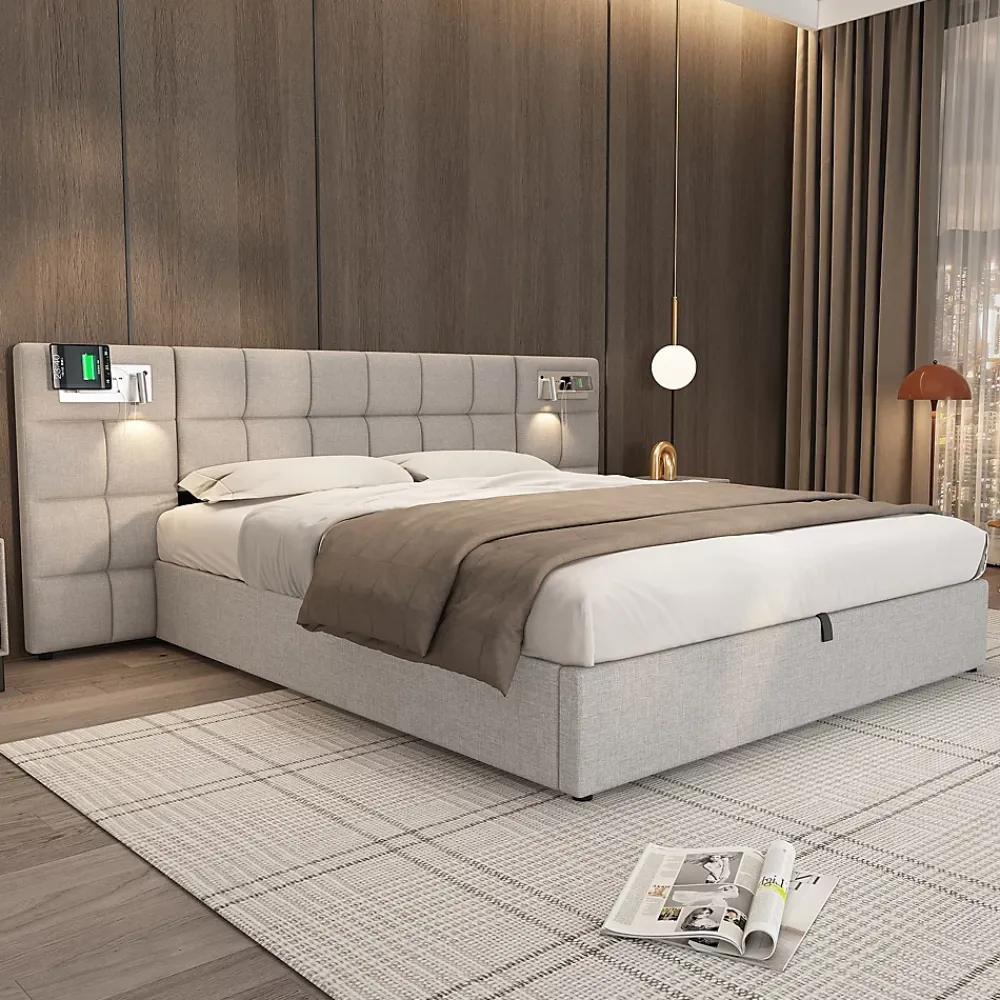 Redom Lit 180x200 cm avec rangement hydraulique, tête rembourrée en lin gris, ports USB et charge sans fil* Lit Avec Rangement