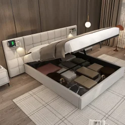 Redom Lit 180x200 cm avec rangement hydraulique, tête rembourrée en lin gris, ports USB et charge sans fil* Lit Avec Rangement