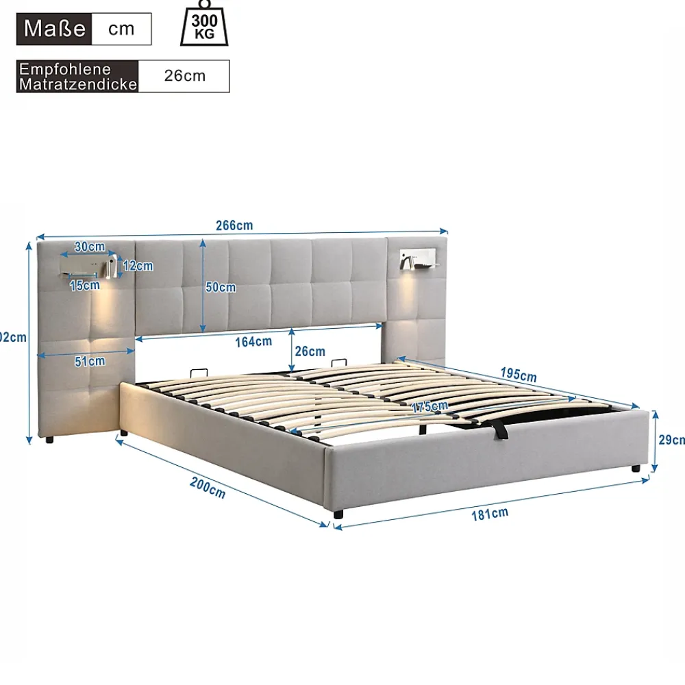 Redom Lit 180x200 cm avec rangement hydraulique, tête rembourrée en lin gris, ports USB et charge sans fil* Lit Avec Rangement