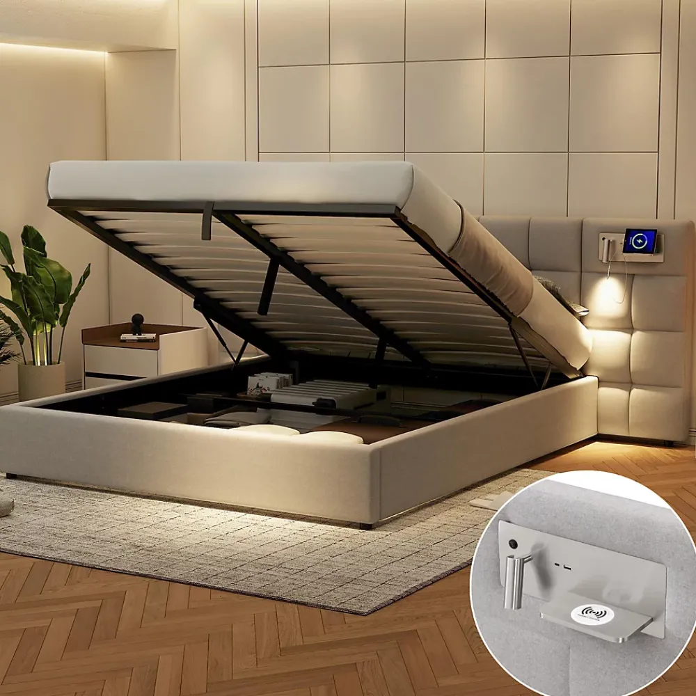 Redom Lit 180x200 cm avec rangement hydraulique, tête rembourrée en lin gris, ports USB et charge sans fil* Lit Avec Rangement