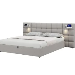 Redom Lit 180x200 cm avec rangement hydraulique, tête rembourrée en lin gris, ports USB et charge sans fil* Lit Avec Rangement