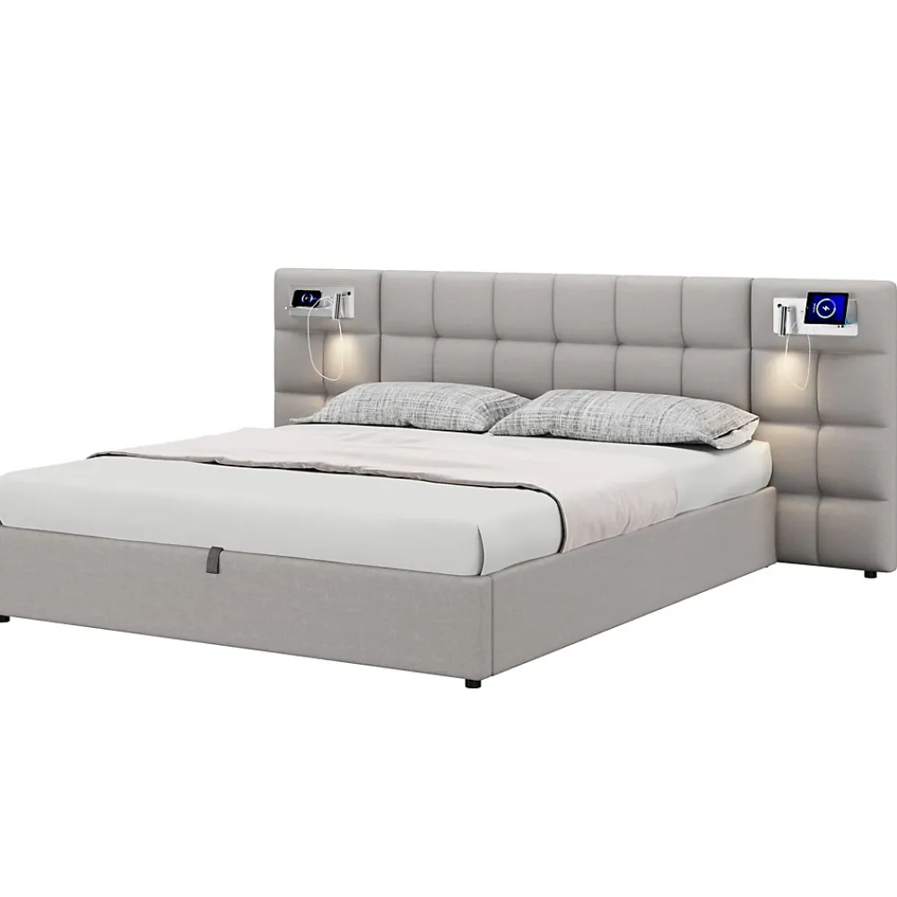 Redom Lit 180x200 cm avec rangement hydraulique, tête rembourrée en lin gris, ports USB et charge sans fil* Lit Avec Rangement