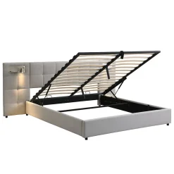 Redom Lit 180x200 cm avec rangement hydraulique, tête rembourrée en lin gris, ports USB et charge sans fil* Lit Avec Rangement