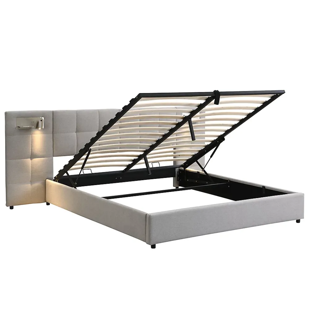 Redom Lit 180x200 cm avec rangement hydraulique, tête rembourrée en lin gris, ports USB et charge sans fil* Lit Avec Rangement