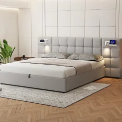 Redom Lit 180x200 cm avec rangement hydraulique, tête rembourrée en lin gris, ports USB et charge sans fil* Lit Avec Rangement