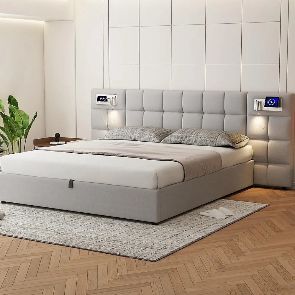 Redom Lit 180x200 cm avec rangement hydraulique, tête rembourrée en lin gris, ports USB et charge sans fil* Lit Avec Rangement